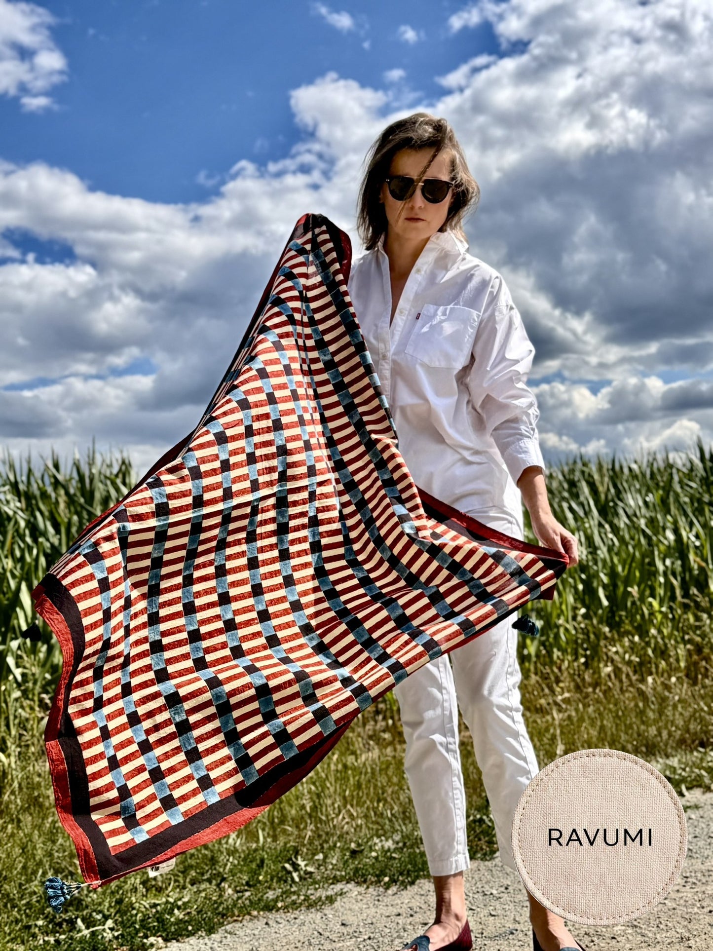 Rekha – indyjska chusta bawełniana premium z chwostami, ręczny block print